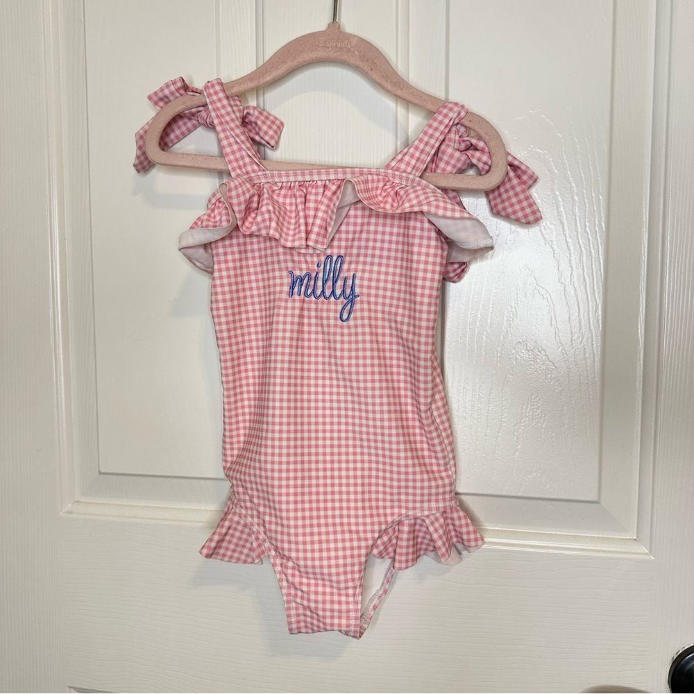 Cecil & Lou Pink White Gingham Blue Embroidered MILLY One Piece Swimsuit 3T